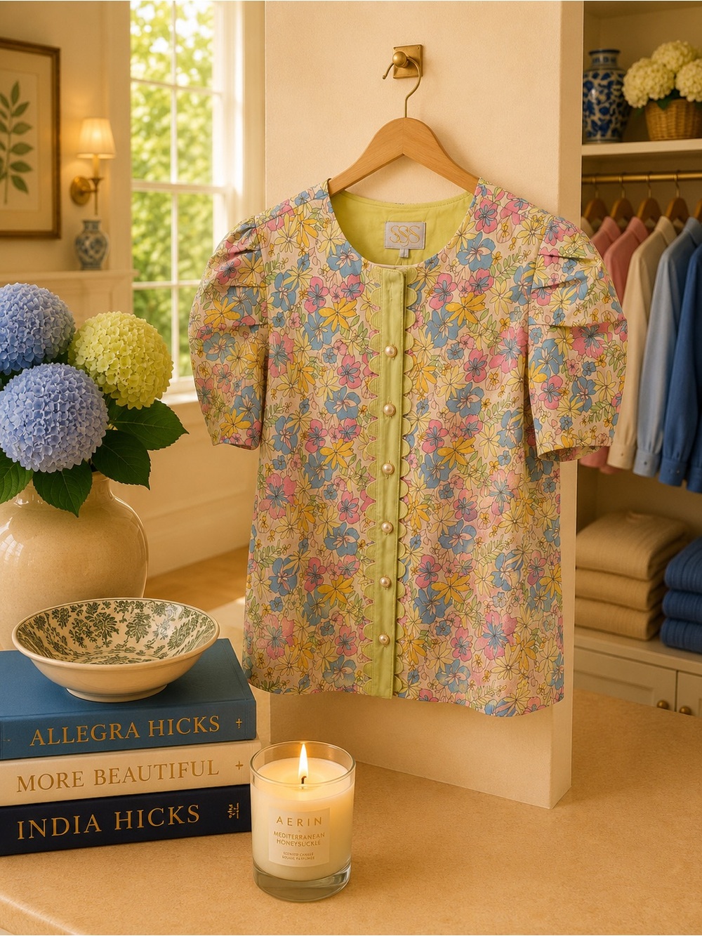 Floral Button-Front Puff Sleeve Top in Pastel Yellow & Blue